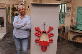 Christine Cherry pictured with the lobster urinal created for the semi-final of The Great Pottery Throwdown  Photo: Love Productions