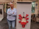 Christine Cherry pictured with the lobster urinal created for the semi-final of The Great Pottery Throwdown  Photo: Love Productions