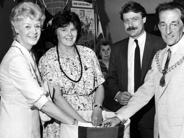 Former Mayoress of Burnley Mrs Ivy Brown (far left) with her husband and Mayor Coun. Fred Brown (right) during their civic year.