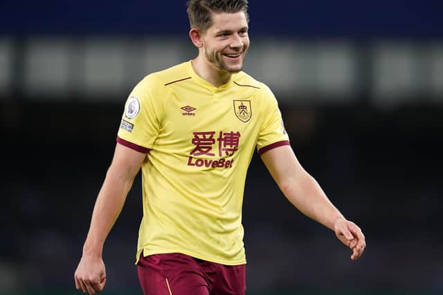 James Tarkowski of Burnley looks on during the Premier League match between Everton and Burnley at Goodison Park on March 13, 2021 in Liverpool, England.