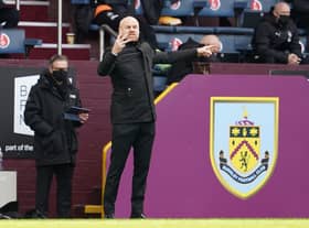 Burnley's English manager Sean Dyche reacts during the English Premier League football match between Burnley and Newcastle United at Turf Moor in Burnley, north west England on April 11, 2021.