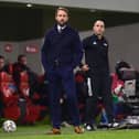 Gareth Southgate, Manager of England looks on during the FIFA World Cup 2022 Qatar qualifying match between Albania and England at the Qemal Stafa Stadium on March 28, 2021 in Tirana, Albania.