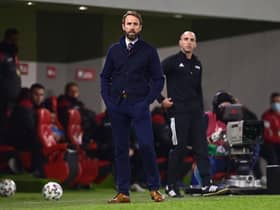 Gareth Southgate, Manager of England looks on during the FIFA World Cup 2022 Qatar qualifying match between Albania and England at the Qemal Stafa Stadium on March 28, 2021 in Tirana, Albania.