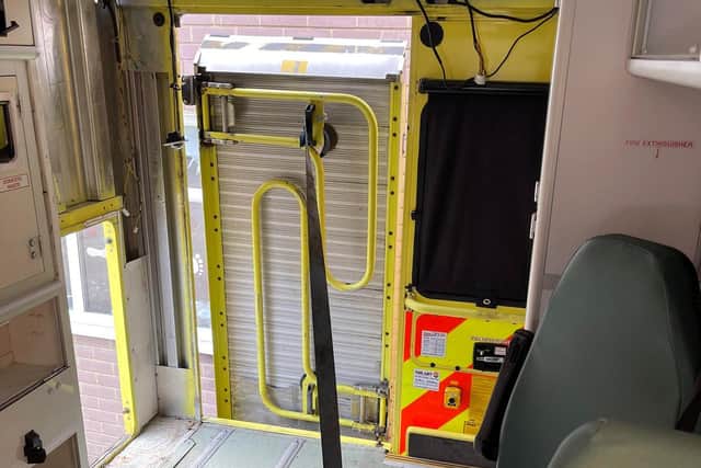 Inside the ambulance which is currently missing a back door, photo courtesy of Simon Harris.