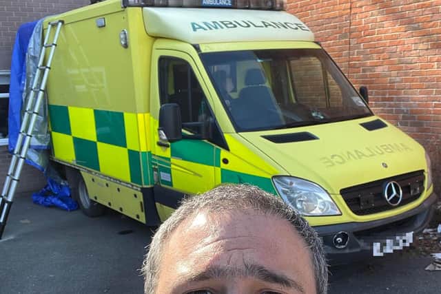 Essex resident Simon Harris with the ambulance which is due to be transformed into a mobile bar and coffee van, photo courtesy of Simon Harris.