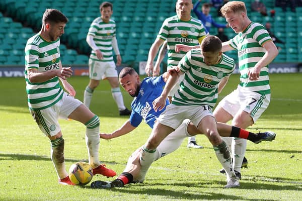 Rangers striker Kemar Roofe is crowded out by the Celtic defence during the Ladbrokes Scottish Premiership match between Celtic and Rangers at Celtic Park on March 21, 2021 in Glasgow, Scotland.