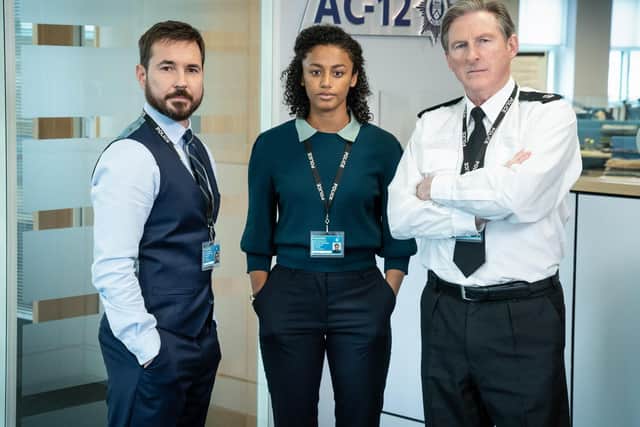 Martin Compston, Shalom Brune-Franklin and Adrian Dunbar who play Steve Arnott, DC Chloe Bishop and Ted Hastings BBC Pictures