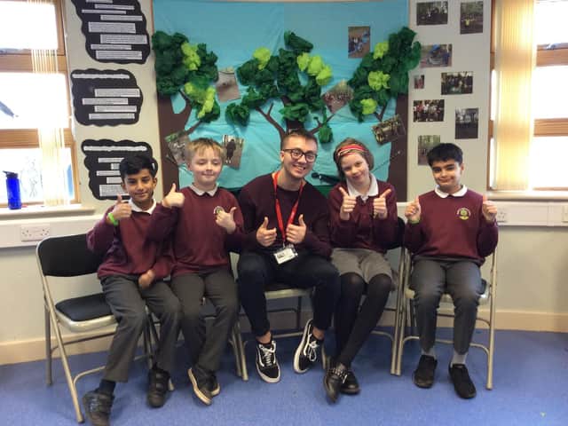 Jack Dinsley during a visit to Oak Primary School in Huddersfield prior to the pandemic