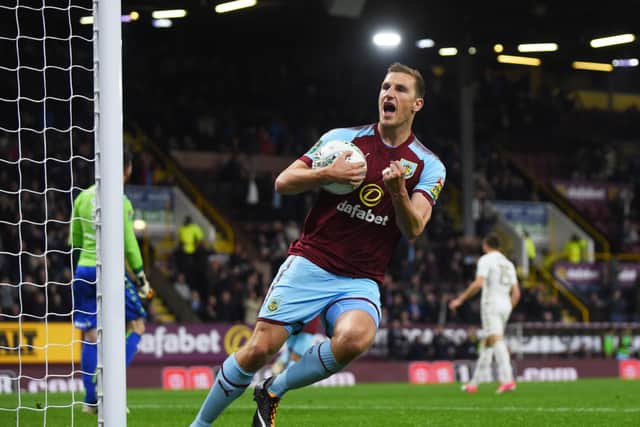 Chris Wood of Burnley celebrates after scoring a penalty during the Carabao Cup Third Round match between Burnley and Leeds United at Turf Moor on September 19, 2017 in Burnley, England.
