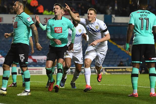 Chris Wood of Leeds celebrates scoring the opening goal during the Sky Bet Championship match between Leeds United and Derby County at Elland Road on January 13, 2017 in Leeds, England.