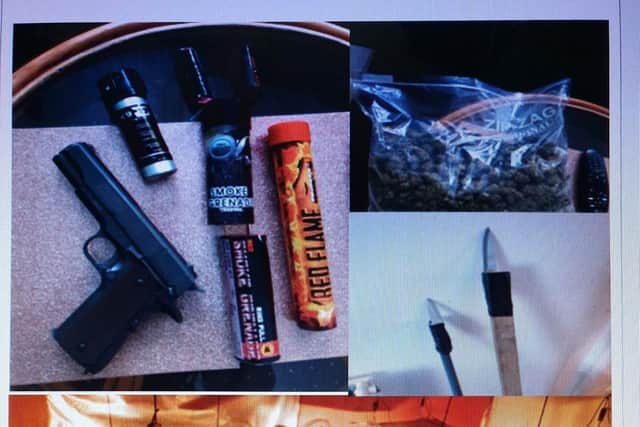 The imitation firearm and weapons police found during the search of a house in Nelson yesterday