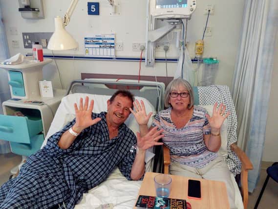 Dave, with his wife Harriet, writes a witty account of his stay in hospital in 2018