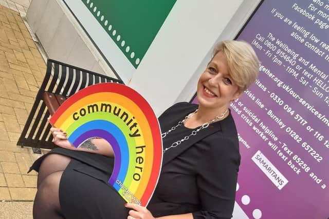 Tracey Smith  at the official unveiling of the 'Happy to Chat' bench in Burnley town centre