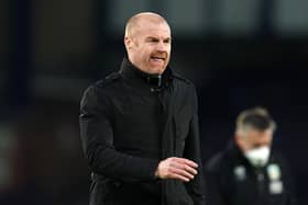 Sean Dyche, Manager of Burnley looks on during the Premier League match between Everton and Burnley at Goodison Park on March 13, 2021 in Liverpool, England.