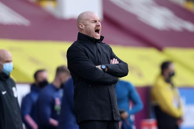 Sean Dyche, Manager of Burnley shouts instructions during the Premier League match between Burnley and Arsenal at Turf Moor on March 06, 2021 in Burnley, England.