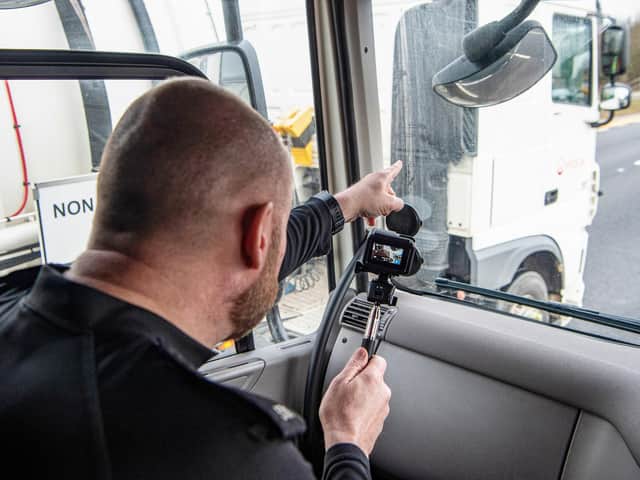 Police officers use the elevated position in an unmarked HGV cab to spot drivers committing motoring offences, such as using mobile phones. The cabs will be patrolling the M6 through the region this week.  Pictures courtesy Highways England