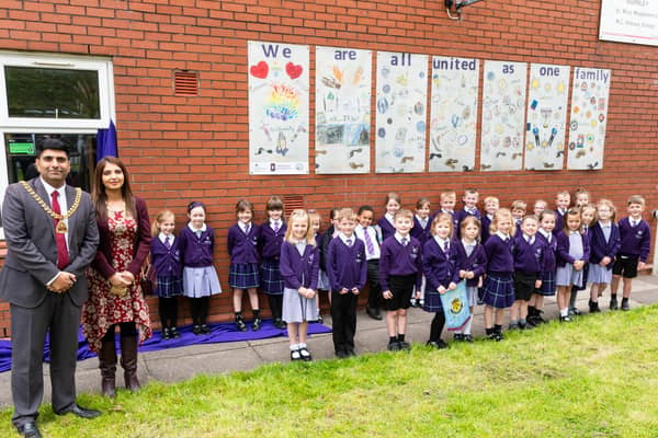 The Mayor and Mayoress of Burnley at the unveiling of The Bridge project at St Mary Magdalene's RC Primary School