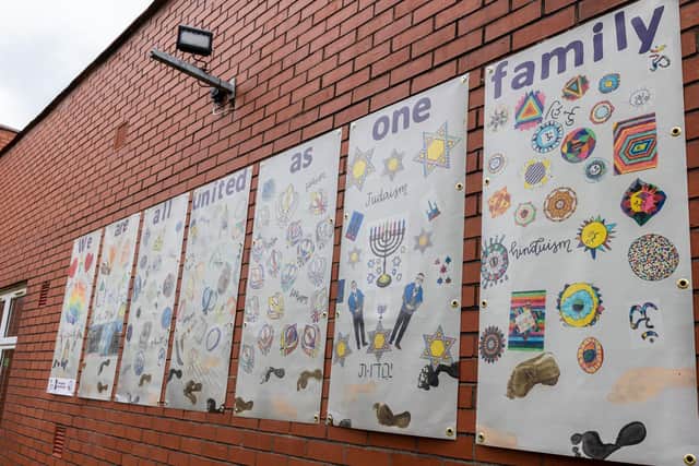The banner artwork takes pride of place at the school in Wellfield Drive