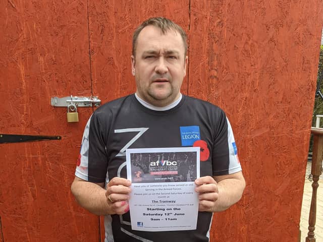 David Brewin pictured holding the poster advertising the new Thornton Cleveleys Armed Forces and Veterans Breakfast Club which will restart on June 12 and is open to all veterans.