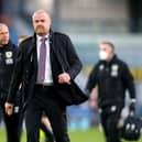 Sean Dyche, Manager of Burnley looks on as he walks off at half time during the Premier League match between Burnley and Liverpool at Turf Moor on May 19, 2021 in Burnley, England.
