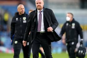 Sean Dyche, Manager of Burnley looks on as he walks off at half time during the Premier League match between Burnley and Liverpool at Turf Moor on May 19, 2021 in Burnley, England.
