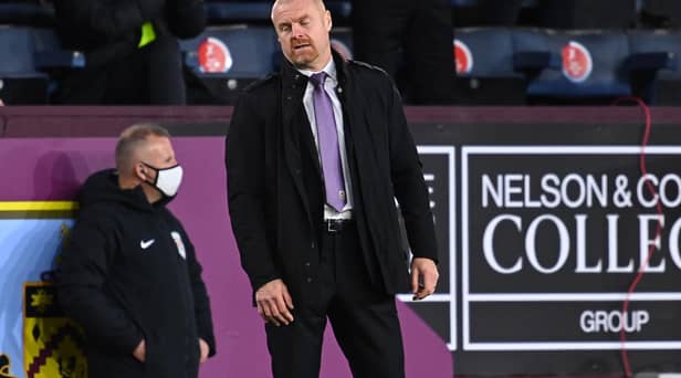 Sean Dyche, Manager of Burnley reacts during the Premier League match between Burnley and Liverpool at Turf Moor on May 19, 2021 in Burnley, England.