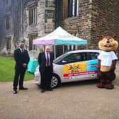 (Left to right): Richard Edmondson, Alderson and Horan Funeral Services; Keith Jackson Whitford, Caravans and the Freemasons; Penny, Pendleside Hospice’s mascot; Helen McVey, Pendleside Hospice Chief Executive.