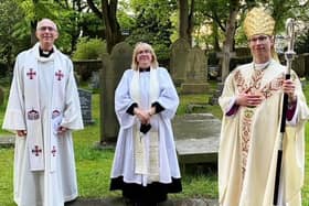 The Bishop of Burnley, the Rt Rev. Philip North, and the Archdeacon of Blackburn, the Ven Mark Ireland, welcome the Rev. Sharon Greensmith to Briercliffe