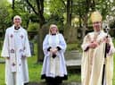 The Bishop of Burnley, the Rt Rev. Philip North, and the Archdeacon of Blackburn, the Ven Mark Ireland, welcome the Rev. Sharon Greensmith to Briercliffe