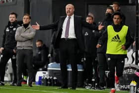 Sean Dyche, Manager of Burnley reacts during the Premier League match between Fulham and Burnley at Craven Cottage on May 10, 2021 in London, England.