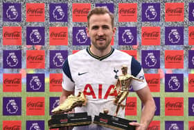 Harry Kane of Tottenham Hotspur poses with the Coca-Cola Zero Sugar Golden Boot Winner award, and the Coca-Cola Zero Sugar Playmaker Winner award.