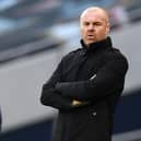 Burnley's English manager Sean Dyche looks on during the English Premier League football match between Tottenham Hotspur and Burnley at Tottenham Hotspur Stadium in London, on February 28, 2021.