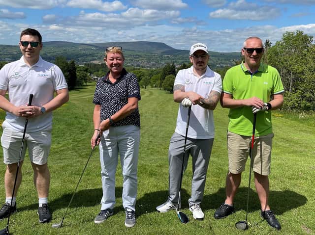 (Left to right) Jason Shaw and Amanda Speight (CFE Lighting), Carl Garnett (Sugden) and David Clews (CFE Lighting) at the Pendleside Hospice charity golf day