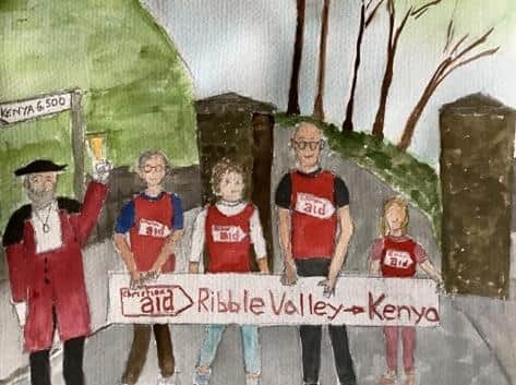 Part of a painting by Geoff Holmes illustrating the beginning of the fundraising walk