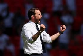 Gareth Southgate, Head Coach of England celebrates after victory in the UEFA Euro 2020 Championship Group D match between England and Croatia at Wembley Stadium on June 13, 2021 in London, England.