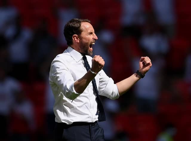 Gareth Southgate, Head Coach of England celebrates after victory in the UEFA Euro 2020 Championship Group D match between England and Croatia at Wembley Stadium on June 13, 2021 in London, England.