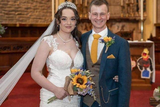 James and Bethany, pictured on their wedding day earlier this month, have been left heartbroken by the senseless attacks on their livestock.
