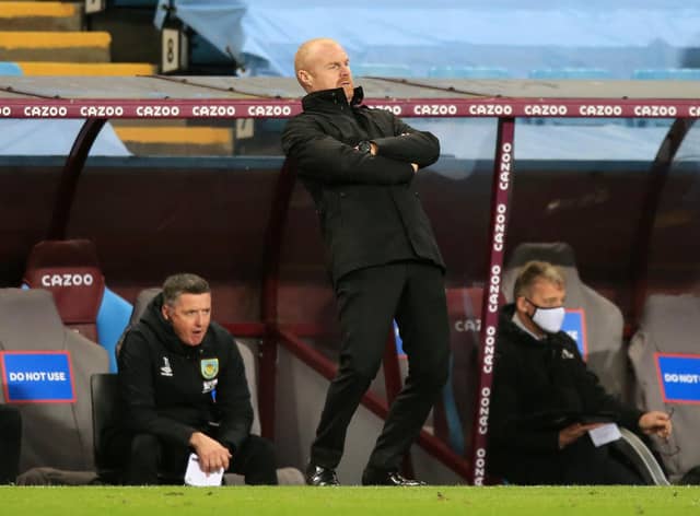 Sean Dyche, manager of Burnley reacts during the Premier League match between Aston Villa and Burnley at Villa Park on December 17, 2020 in Birmingham, England.