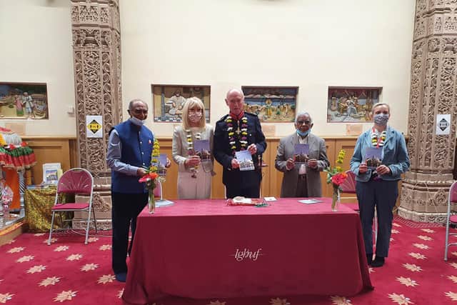 Pictured from left: Society Vice President Ishwer Tailor, Anne Booth  and High Sheriff  Edwin Booth,  Society President  Dashrathbhai  Nayee and St Stephen's  C..E school head  Helen Wright at the launch