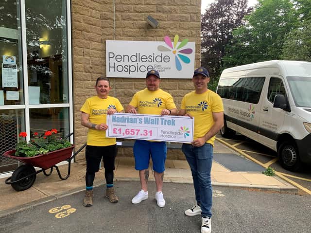 Warren Callender, Craig Abbott and Glynn Abbott who raised £1,657.31 for  Pendleside Hospice after completing the Hadrian's Wall trek