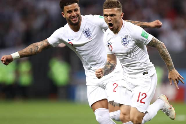 Kieran Trippier of England celebrates with team mate Kyle Walker after scoring his team's first goal during the 2018 FIFA World Cup Russia Semi Final match between England and Croatia at Luzhniki Stadium on July 11, 2018 in Moscow, Russia.