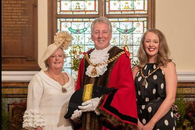 The Mayor and Mayoress of Burnley Coun.. Mark Townsend and his wife Kerry with their daughter Rosie who is acting as consort
(photo by Maureen Nieve )