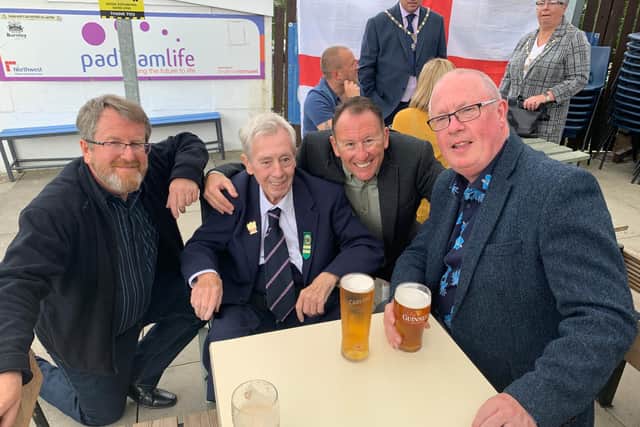 Bob pictured at Padiham Football Club after Bob's special Freedom of the Town presentation with (left to right) his sons Julian and Adrian and good friend and fellow town councillor Chris Smith