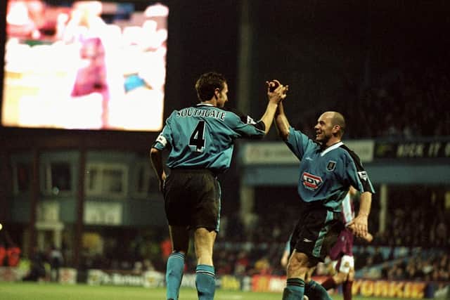 Gareth Southgate and Steve Stone of Aston Villa celebrate during the Worthington Cup Quarter Final Re-match against West Ham played at Upton Park in London. Aston Villa progress to the semi final after a 3-1 extra time win.