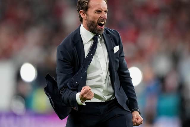 Gareth Southgate, Head Coach of England celebrates their side's victory after the UEFA Euro 2020 Championship Semi-final match between England and Denmark at Wembley Stadium on July 07, 2021 in London, England.