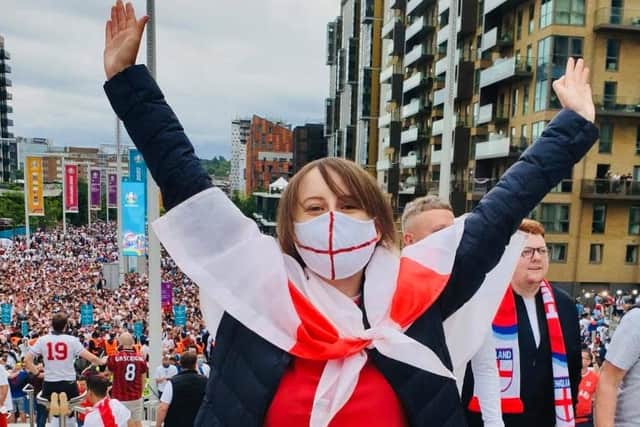 Laura arrives at Wembley to watch England v Italy in the Euro 2020 final on Sunday night
