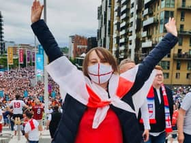 Laura arrives at Wembley to watch England v Italy in the Euro 2020 final on Sunday night
