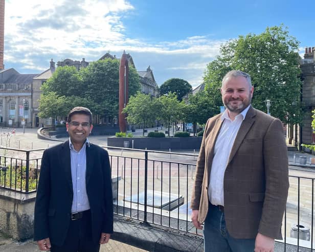 Andrew Stephenson MP and Pendle Council leader Coun. Nadeem Ahmed celebrate successful Nelson Town Deal bid