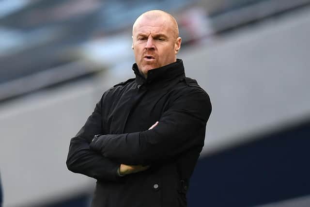 Burnley's English manager Sean Dyche looks on during the English Premier League football match between Tottenham Hotspur and Burnley at Tottenham Hotspur Stadium in London, on February 28, 2021.