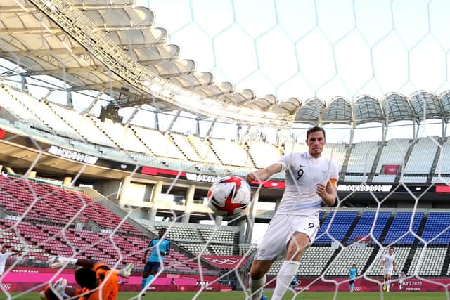 Chris Wood #9 of Team New Zealand scores their side's second goal during the Men's First Round Group B match between New Zealand and Honduras on day two of the Tokyo 2020 Olympic Games at Ibaraki Kashima Stadium on July 25, 2021 in Kashima, Ibaraki, Japan.